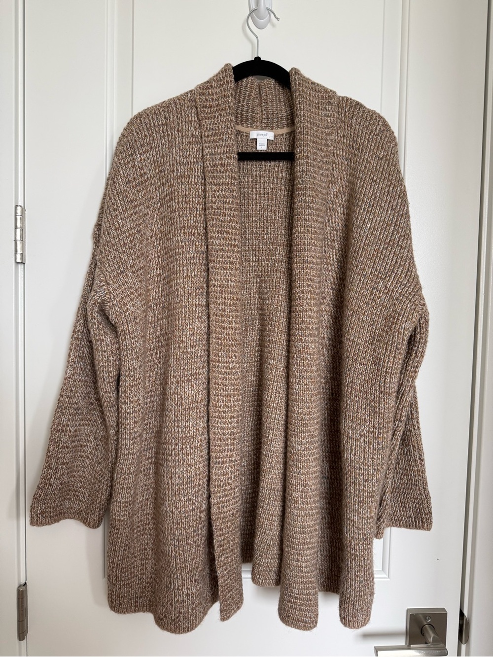 Pure Jill J. Jill Marled Chunky Knit Open Front Cardigan Sweater Tan Large